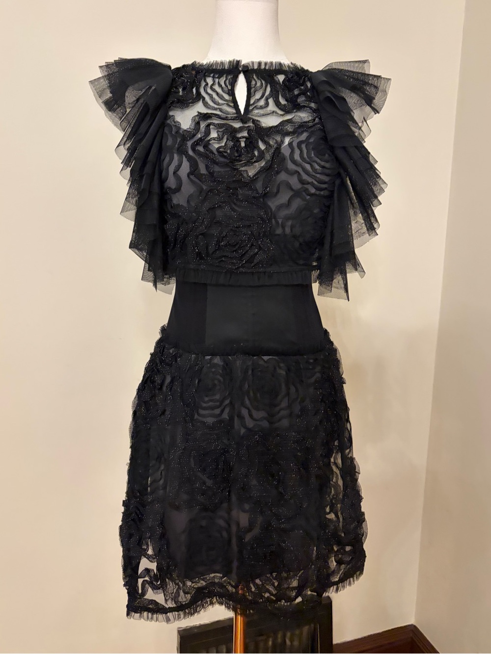 BCBGMaxAzria Black Embroidered Tulle M